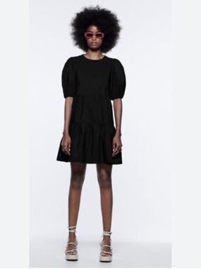 Zara Black 100% Cotton Poplin Ruffled Tiered Sundress with Puff Sleeves